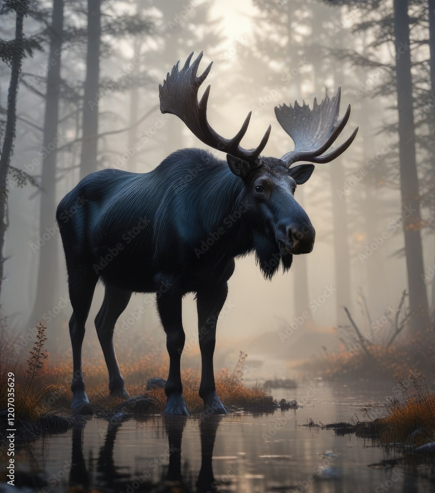 A stunning black moose in the misty atmosphere of an early morning forest, moose, black, nature A stunning black moose in the misty atmosphere of an early morning forest, moose, black, nature