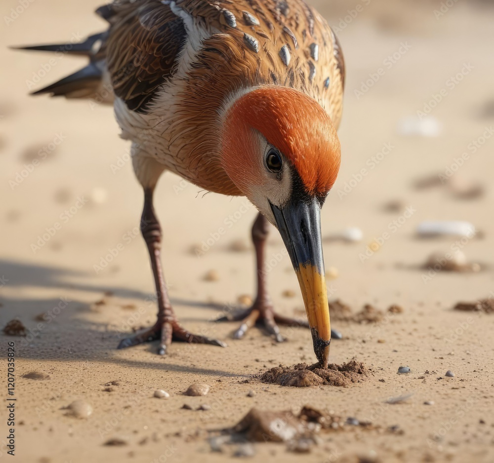Obraz premium Bird probing the ground with its beak in the wet sand, bird beak probe, natural habitat exploration, aquatic bird behavior