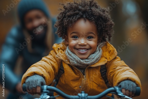 A child riding a bike for the first time, with a parent cheering them on. Generative AI photo