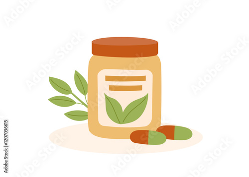 Pills bottle and natural organic green capsules, nutritional supplement isolated. Concept of alternative medicine, healthcare and cure. Vector flat clipart.