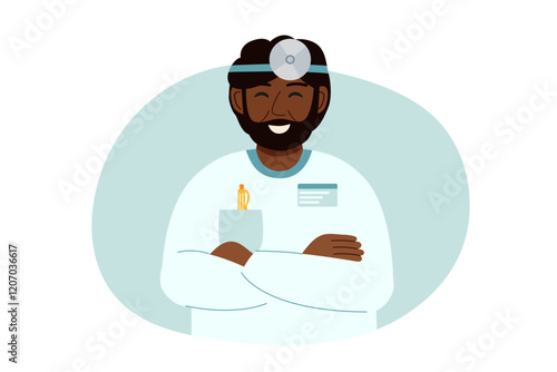 Portrait of a doctor otolaryngologist isolated on white. Concept of medicine, healthcare, clinic, assistance. Vector hand drawn clipart.