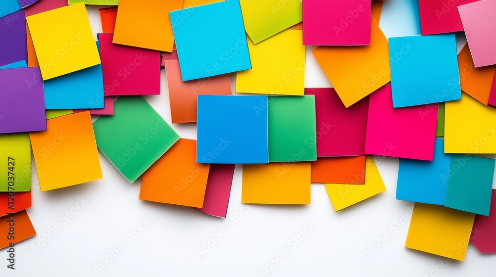 Bunch of colorful sticky notes are piled on top of each other. The notes are of different colors and sizes, creating a vibrant and lively scene. Concept of creativity and organization Bunch of colorful sticky notes are piled on top of each other. The notes are of different colors and sizes, creating a vibrant and lively scene. Concept of creativity and organization
