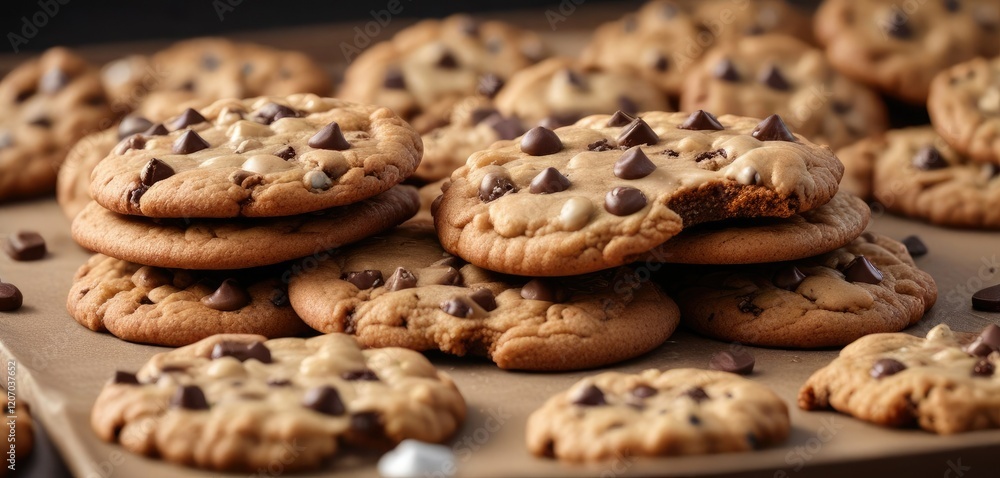 A tray of chewy cookies smothered in a rich layer of milk chocolate chips , sweets, treats A tray of chewy cookies smothered in a rich layer of milk chocolate chips , sweets, treats