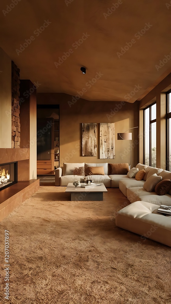 Brown and beige modern living room - rendering Brown and beige modern living room - rendering