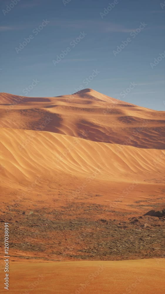 A desert landscape featuring a mountain looming in the background under a clear sky. A desert landscape featuring a mountain looming in the background under a clear sky.