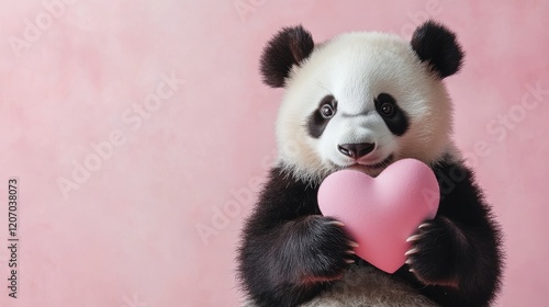 Panda holds a pink heart, spreading joy and sweetness in a whimsical, colorful atmosphere filled with love and tenderness