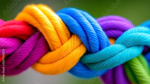 Colorful rope is twisted and knotted together. The colors are bright and vibrant, creating a sense of energy and excitement. The rope is tied in a way that it looks like a rainbow photo