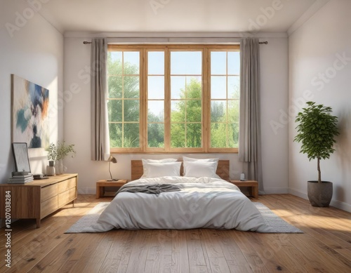Calming bedroom with large window and wooden floor, peaceful atmosphere, calming colors, large window