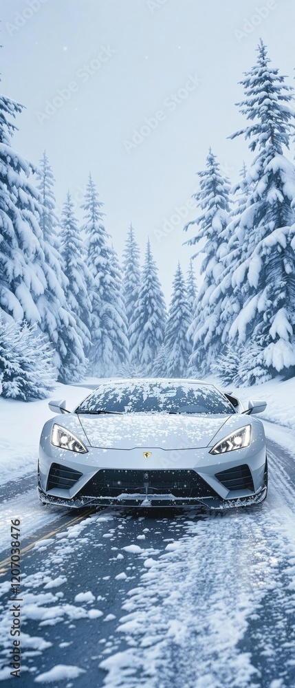 Car with snow-covered winter tires driving on icy road, weather conditions, icy, safety Car with snow-covered winter tires driving on icy road, weather conditions, icy, safety