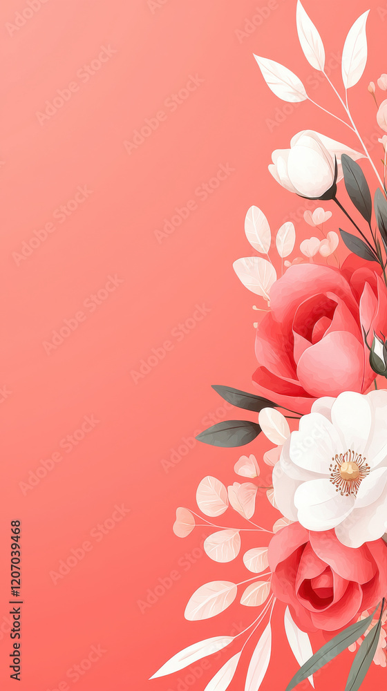 Fototapeta premium Elegant floral arrangement with pink and white roses on coral background