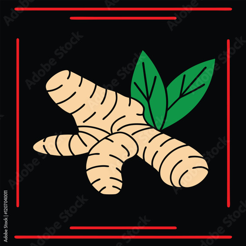 Turmeric Root with Green Leaves on Black Background