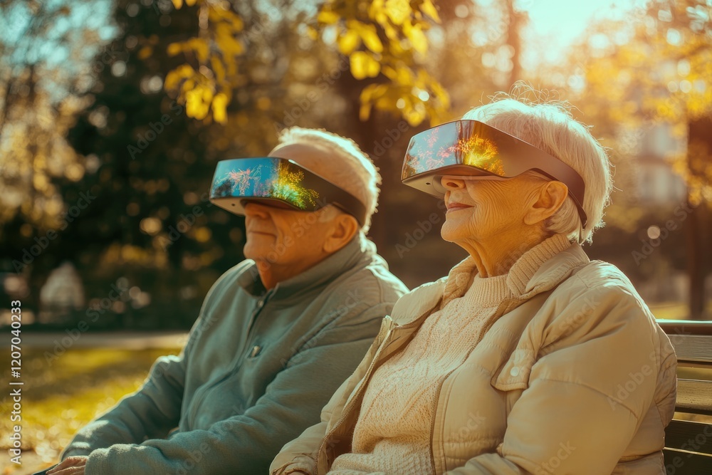 Elderly couple enjoys virtual reality experience outdoors in autumn, sitting on a park bench. Elderly couple enjoys virtual reality experience outdoors in autumn, sitting on a park bench.