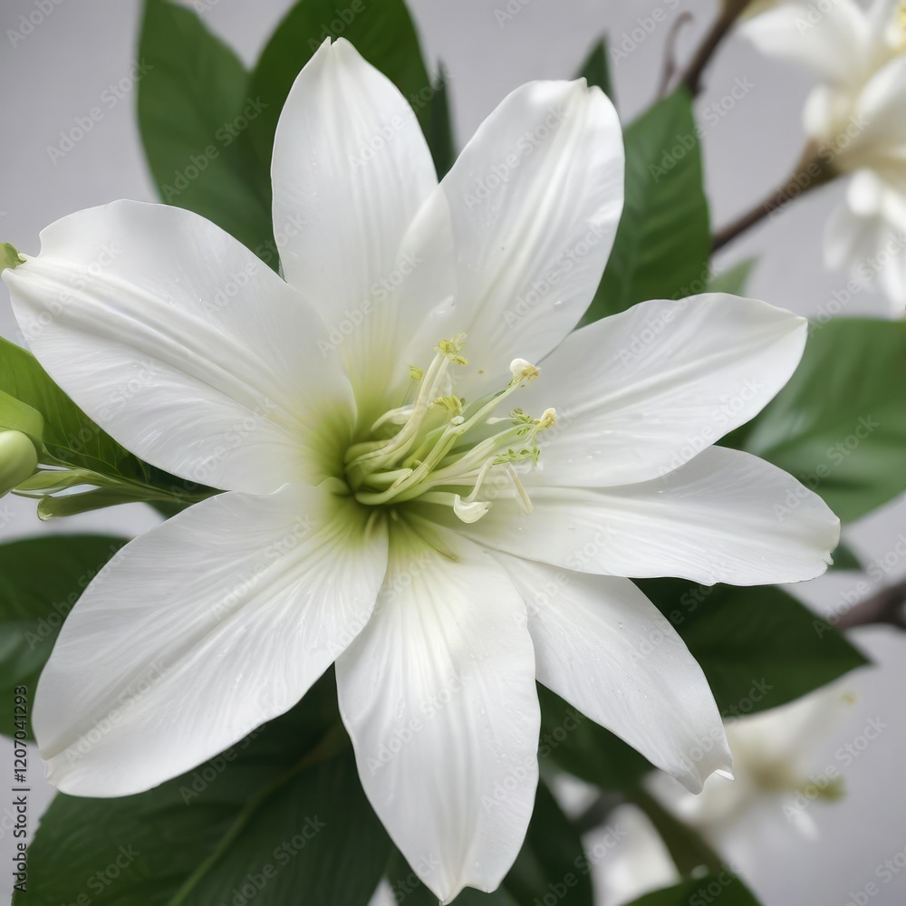 Close-up of white vanilla flower with stamen and green leaves, isolated, blooming Close-up of white vanilla flower with stamen and green leaves, isolated, blooming