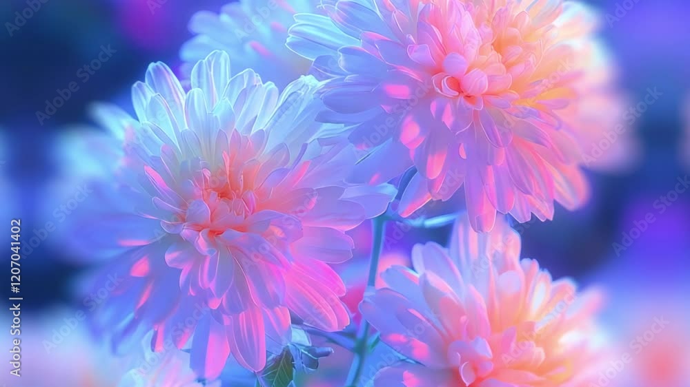 Animation of delicate flowers with petals in soft white-pink tones. Background with shimmering gradients of blue and purple tones adds a sense of harmony Animation of delicate flowers with petals in soft white-pink tones. Background with shimmering gradients of blue and purple tones adds a sense of harmony