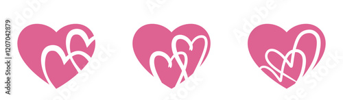 Three pink hearts with line hearts in it. Love and romantic symbols. Valentines design elements. Isolated vector images