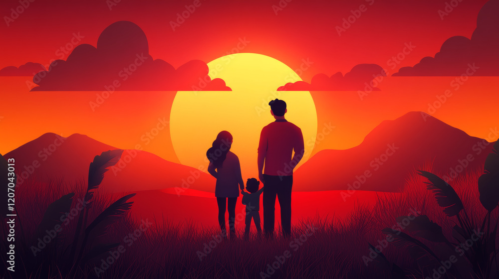 family of three watching vibrant sunset, backs facing viewer, surrounded by nature beauty. scene evokes warmth and togetherness family of three watching vibrant sunset, backs facing viewer, surrounded by nature beauty. scene evokes warmth and togetherness