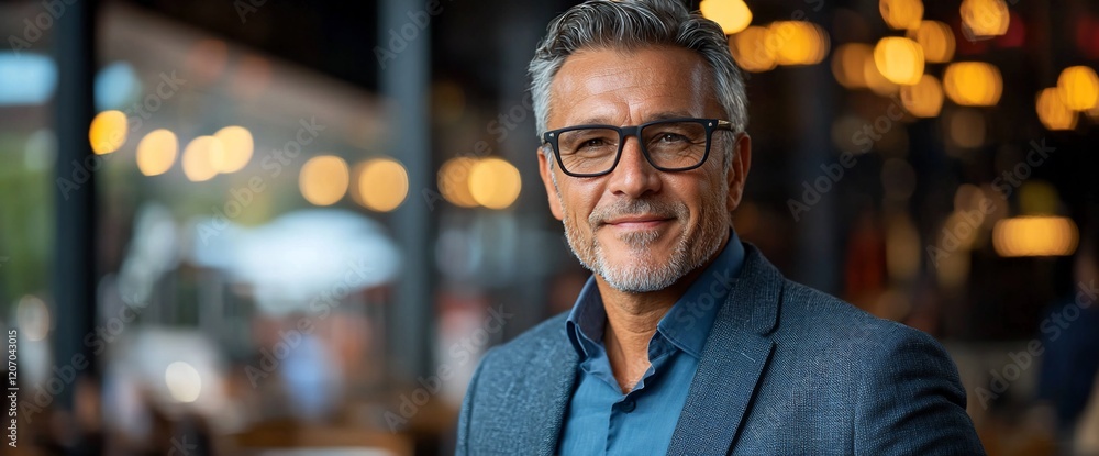 Portrait of a smiling mature man in glasses, wearing a suit jacket. Portrait of a smiling mature man in glasses, wearing a suit jacket.