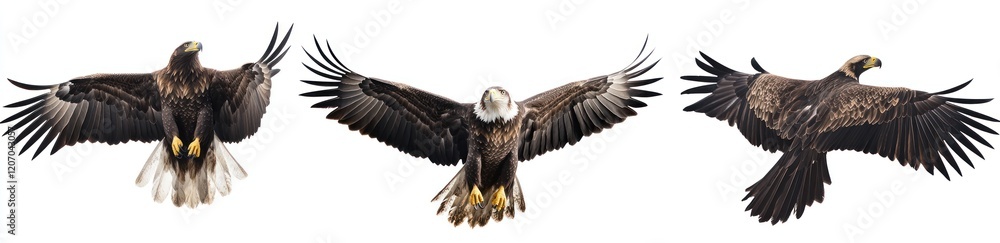 Fototapeta premium Three different angles of an eagle in flight, against a white background, showing the full body with spread wings, in a photorealistic style