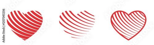 Heart with curved stripes set. Love, romantic and valentines design elements. Isolated vector images