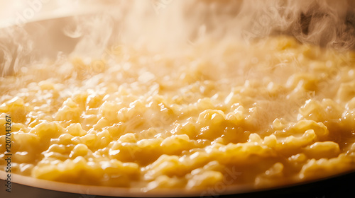 Close Up of Creamy Golden Risotto Cooking in a Pan photo