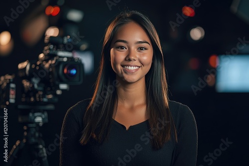 Confident Female News Anchor in a Professional Studio Setting