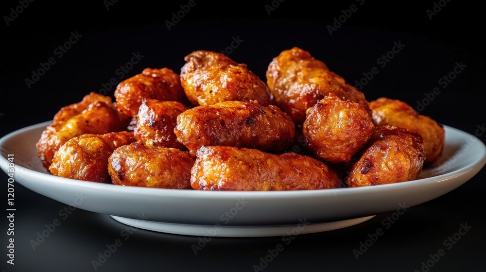 A plate of fried sausage on black background A plate of fried sausage on black background