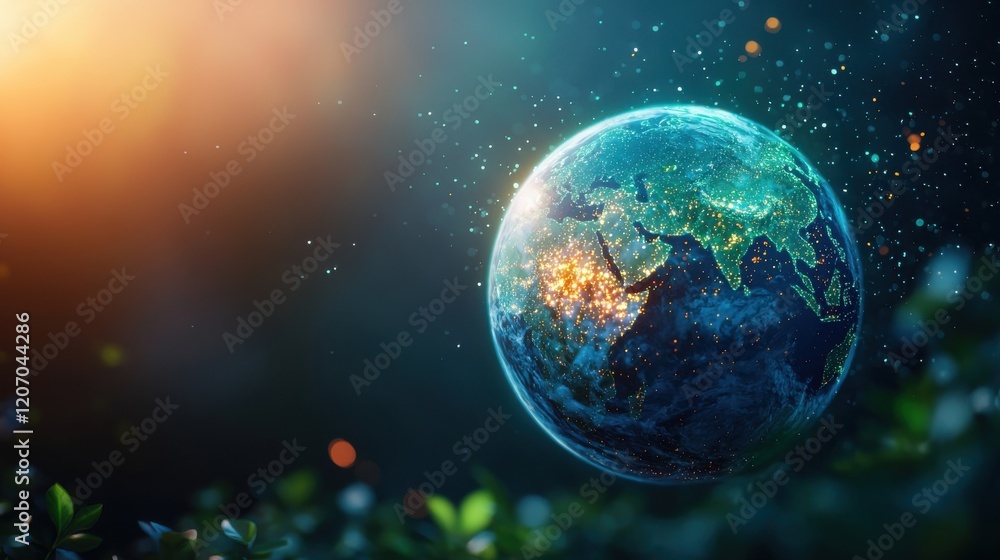 Earth glowing with symbols of tree planting, solar panels, and clean transport Earth glowing with symbols of tree planting, solar panels, and clean transport