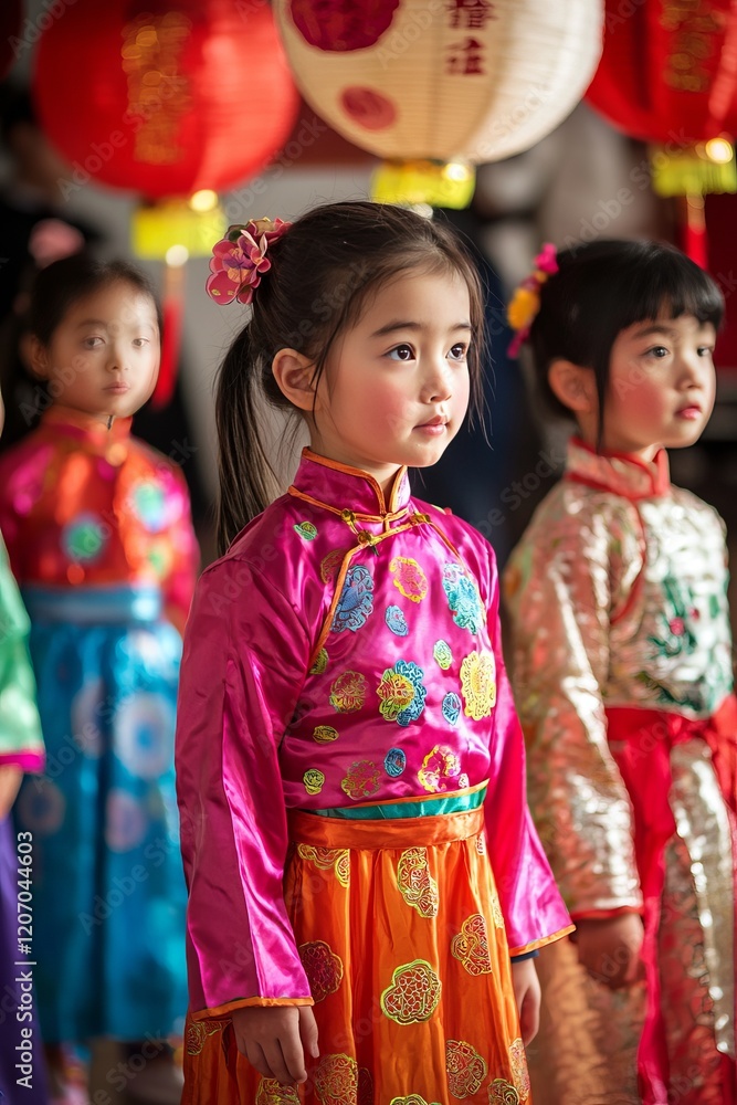 Fototapeta premium A group of children in colorful Chinese New Year costumes, preparing for their school