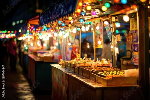 Night market food stalls illuminated with colorful lights, offering a variety of delicious treats. photo