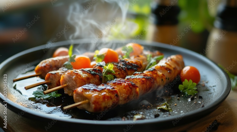 A plate of hot grilled sausage A plate of hot grilled sausage