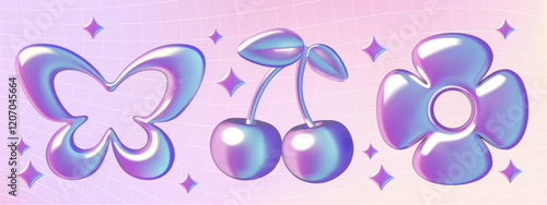 Holographic y2k spring and summer emoji set. Flower, butterfly, cherry and stars three dimensional metallic blue and purple vector elements on gradient checkered background.