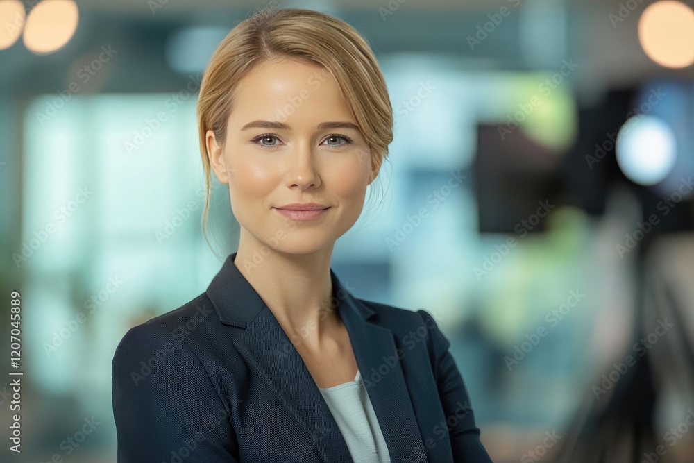 Naklejka premium Confident Female News Anchor in a Professional Studio Setting