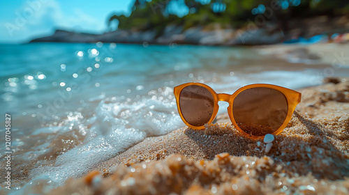 Wallpaper Mural Relaxing moment on a sunny beach with sunglasses and gentle waves. Generative AI Torontodigital.ca