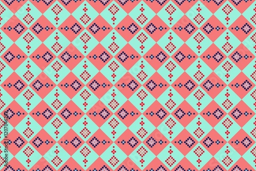 Pastel Pixel Diamonds : cheerful geometric pattern with alternating pastel pink and mint green diamonds, adorned with vibrant red and navy pixel motifs, ideal for stationery, fabric prints, and etc.

