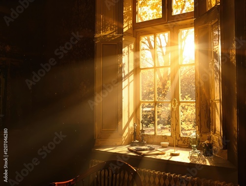 A sunbeam streams through a dusty old windowpane, casting a warm glow on the surrounding furniture, , sunbeam photo