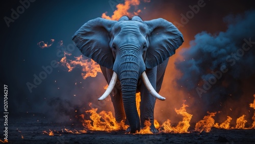 A powerful elephant stands defiantly in front of raging flames, embodying strength and resilience amidst chaos. photo