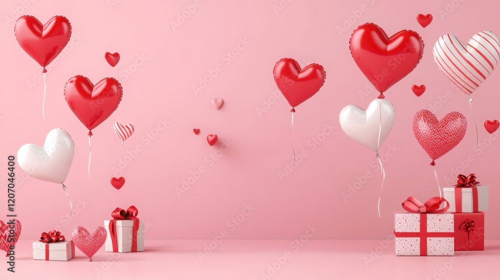 A festive arrangement featuring red and white heart-shaped balloons and gifts on a soft pink background, perfect for romantic occasions. A festive arrangement featuring red and white heart-shaped balloons and gifts on a soft pink background, perfect for romantic occasions.