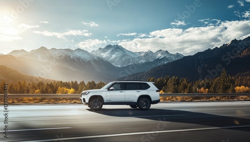 White SUV driving on highway, mountain landscape background.