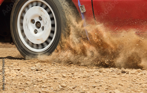 Rally car increase speed in dirt track. photo