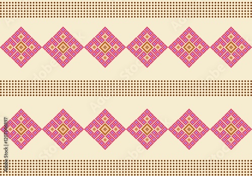 Retro Diamond Mosaic: symmetrical pattern featuring vibrant pink and orange diamond mosaics on a soft beige background perfect for textiles, wallpapers, and digital prints.
