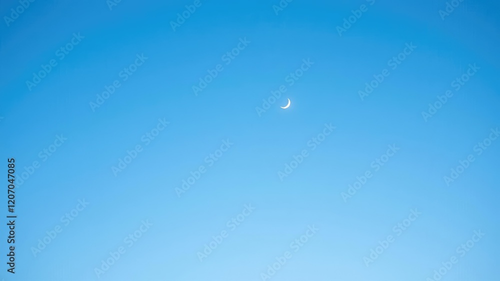 A vast expanse of light blue sky dotted with twinkling bokeh lights and a subtle crescent moon, celestial display, beachscape A vast expanse of light blue sky dotted with twinkling bokeh lights and a subtle crescent moon, celestial display, beachscape