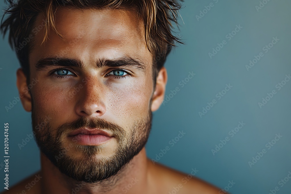 Handsome Man Close-Up Blue Eyes Teal Background Handsome Man Close-Up Blue Eyes Teal Background