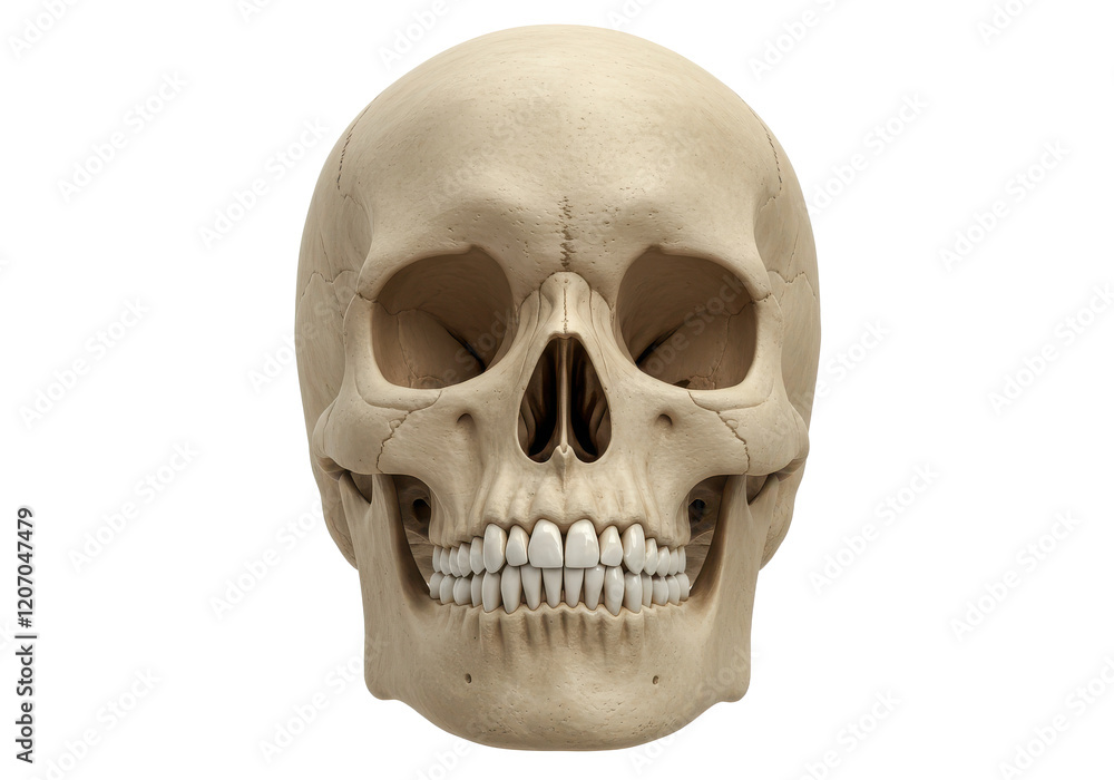 Realistic human skull with detailed features isolated on white background Realistic human skull with detailed features isolated on white background