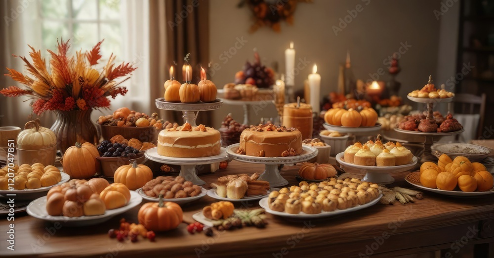 A warm and inviting Thanksgiving dessert table with a variety of sweet treats, fall desserts, apple crisp A warm and inviting Thanksgiving dessert table with a variety of sweet treats, fall desserts, apple crisp