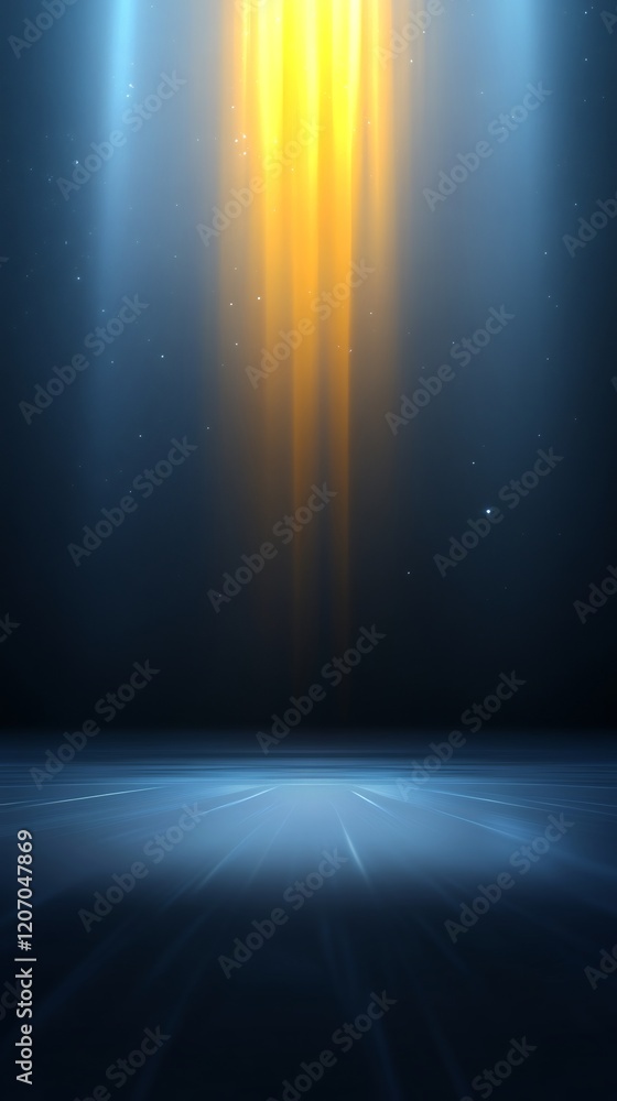 Fototapeta premium Dramatic blue and gold light beams illuminate empty stage. AI Generated