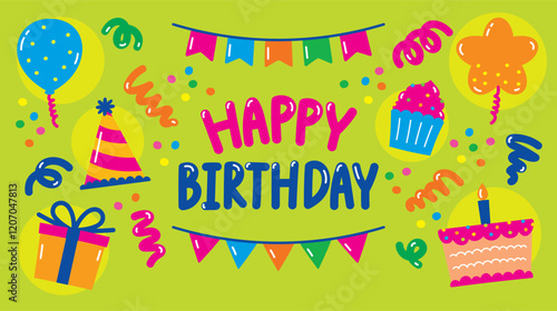 cute fun colorful hand drawn flat style graphic element vector set in happy birthday theme