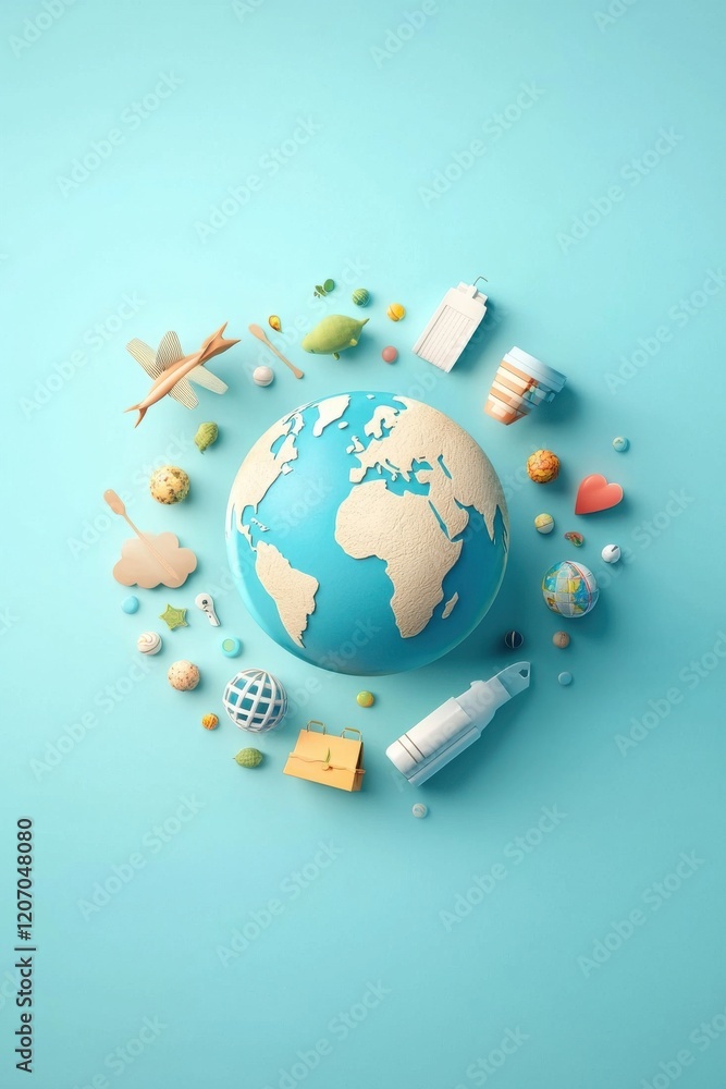 Earth surrounded by symbols of ethical consumerism and environmental care Earth surrounded by symbols of ethical consumerism and environmental care