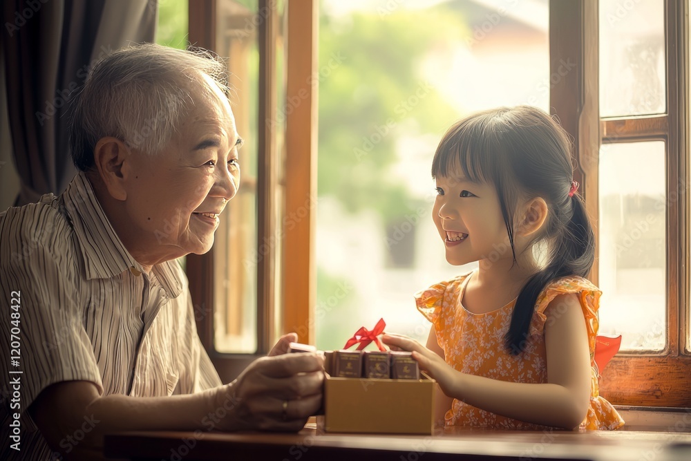 A little girl visiting her grandparents with a box of chocolates for Chinese New Year