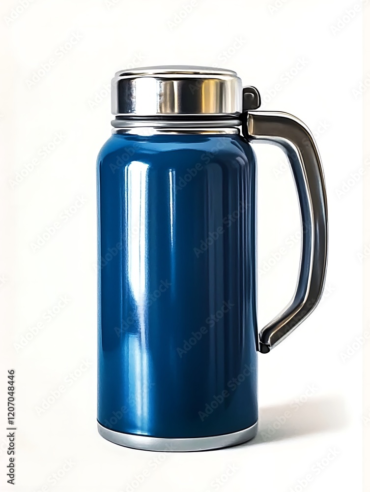 A classic blue thermos with a silver lid and handle with white background.
A classic blue thermos with a silver lid and handle with white background.