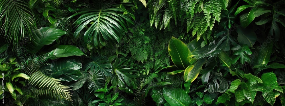 Fototapeta premium A lush, green tropical forest background with various leaves and plants